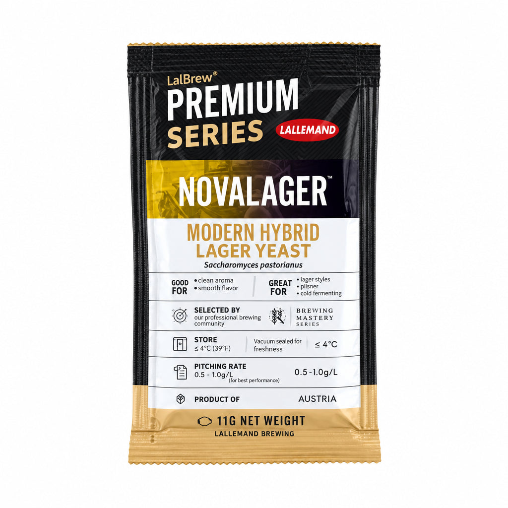 A packet of LALLEMAND NOVALARGER HYBRID LAGER YEAST with product information and branding.